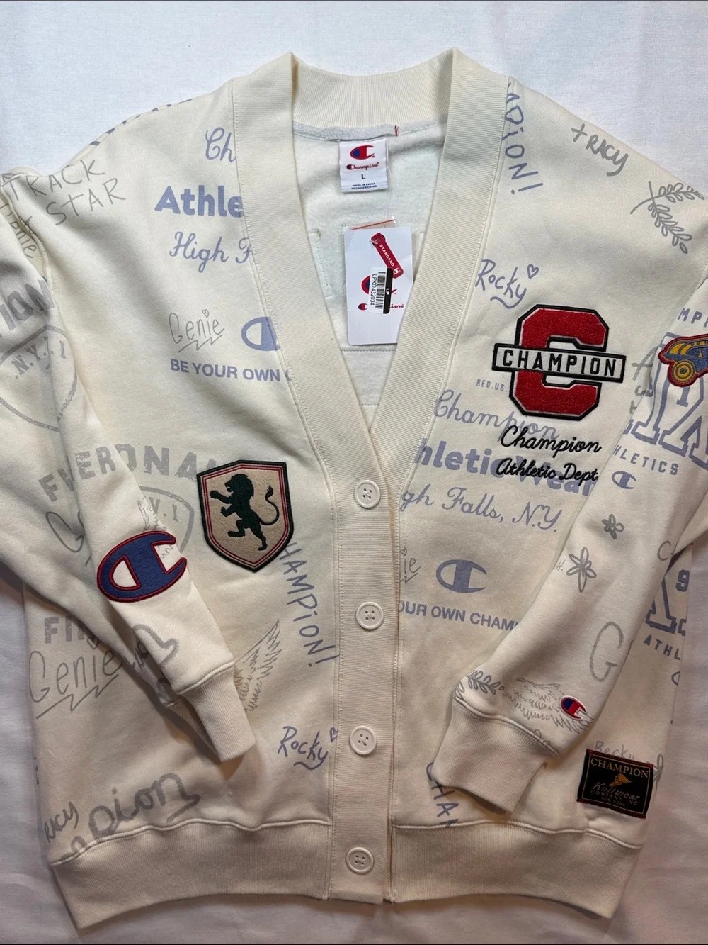 Champion AOP Graphic Cardigan Button Fleece Retro Cream Large L